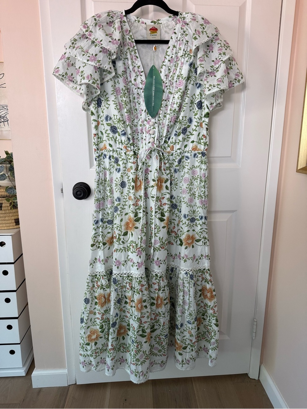 FARM RIO Folk Floral off white short sleeve midi dress, puff sleeve NWT XL - Picture 5 of 11